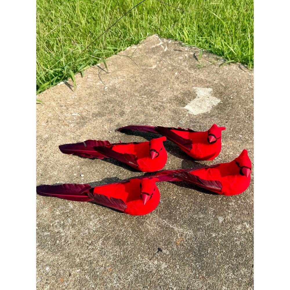 Red Cardinal Christmas Ornaments Set of 4 Feather Bird Clips 10 Inch